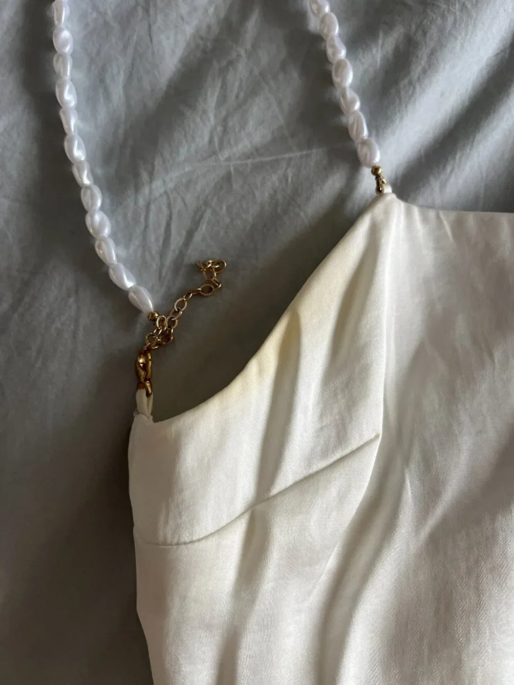 Abercrombie & Fitch Faux Pearl Strap Maxi Dress Cream Satin M Tall